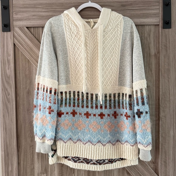 Daily Practice Sweaters - Fair Isle Cowl Hoodie Sweater - Cream & Light Blue